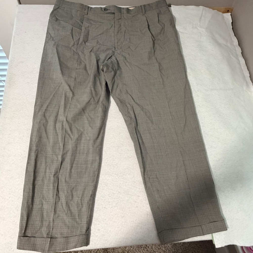 Hart Schaffner Marx Mens 44 100% Wool Pleated Cuffed Dress Pants Grey Check